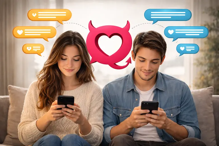 Couple répondant aux mêmes questions sur leurs téléphones - QnLOVE